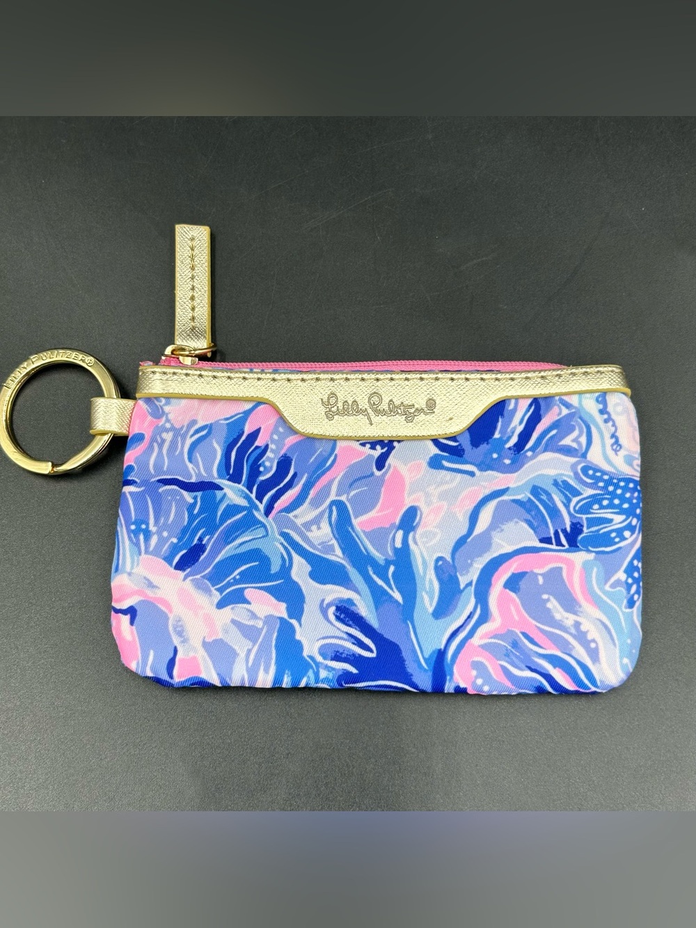 Lilly Pulitzer Blue Pink Floral Zip Coin Purse ID Card Holder Key Ring Pouch